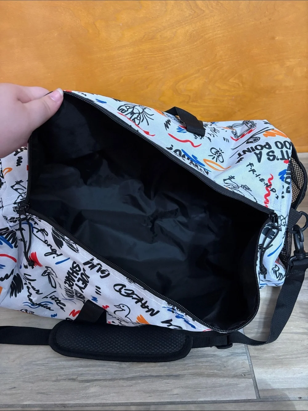 FRIENDS White Graphic Duffle with Multicolor Sketch Prints